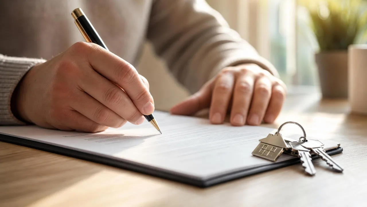 Close-up of a person's hands signing paperwork with a pen at a pale oak table, a house-shaped keyring and keys resting beside the clipboard in warm window light