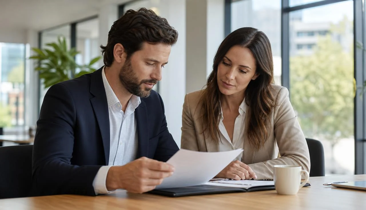 Two real estate colleagues reviewing contract paperwork together at a bright modern office table in warm window light